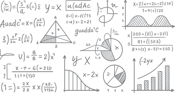 Hand drawn mathematical equations graphs and geometric shapes on white background mathematics formula