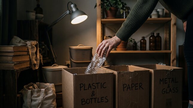 Person sorting recyclables into a cardboard box labeled PLASTIC  BOTTLES.