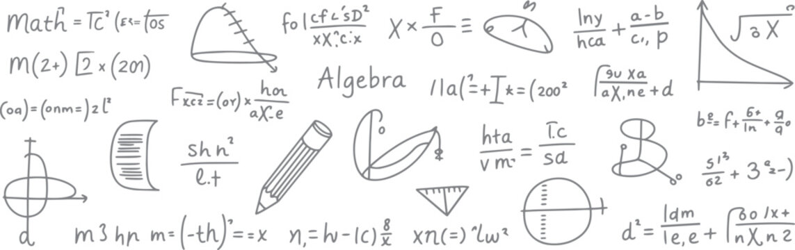 Hand drawn grey mathematical equations formulas and geometric shapes on white background mathematics
