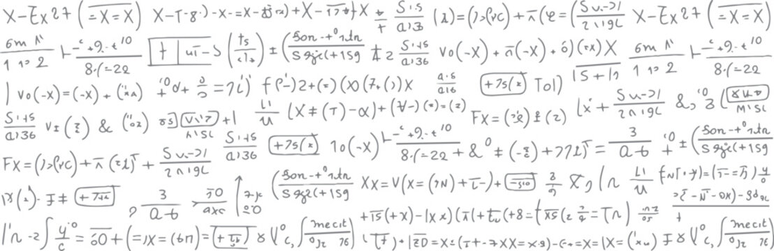Handwritten mathematical equations and formulas on a white background with gray ink mathematics science