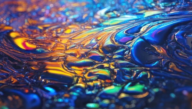 Abstract iridescent oil slick surface with vibrant colors and swirling patterns.