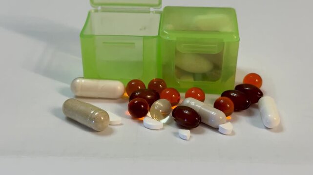 Green pillbox with scattered capsules and tablets on white tabletop closeup showing red softgel and oblong white tablets