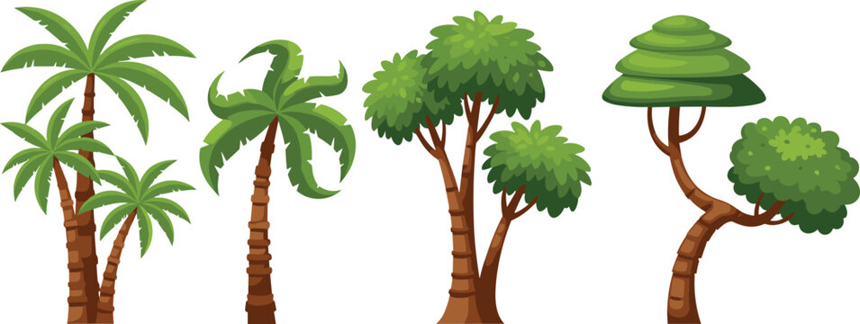 Cartoon tree vector set featuring tropical palm trees and stylized green trees in colorful nature illustration style