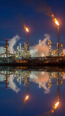 Fototapeta premium Oil Refinery At Night With Flaring Towers And Reflections