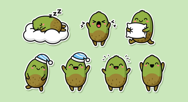 Adorable Kiwi Fruit Cartoon Character Set with Diverse Emotions and Daily Activities, Cute Vector Illustrations for Fun Design Projects and Stickers