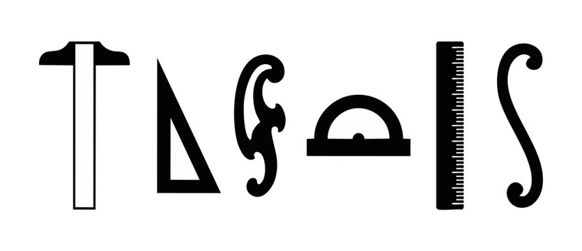 Technical Drawing Drafting Tools Set - T-Square, Ruler, Protractor and French Curve Icons - Engineering Architecture Design Equipment for Blueprint Illustration, Precise Measurement, Math and Geometry