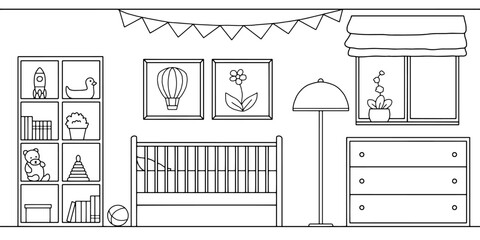 Plakat Baby room graphic black white interior sketch illustration vector 