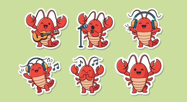 A charming set of six cute cartoon lobster characters enjoying music playing guitar, singing, and dancing. Delightful marine life illustrations in a fun sticker pack