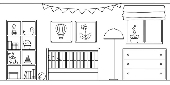 Baby room graphic black white interior sketch illustration vector 