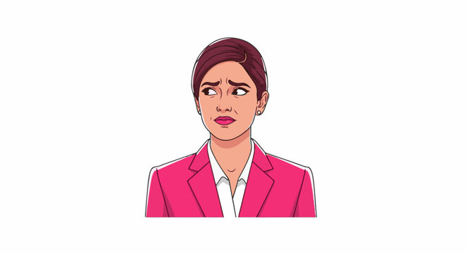 Pixelated portrait of a woman in a pink suit with a skeptical expression