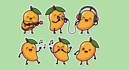 Naklejka premium Vibrant vector illustration featuring cheerful cartoon mango characters joyfully singing, dancing, and playing musical instruments on a bright background