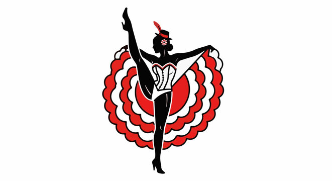 Silhouette of a can-can dancer with a large, ruffled skirt and feather hat