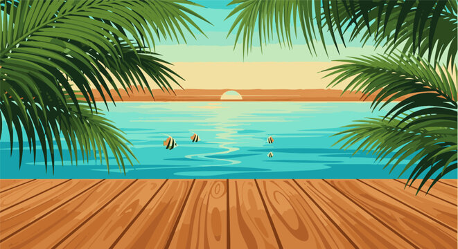 Pixelated tropical scene with palm fronds framing a serene ocean sunset and wooden dock