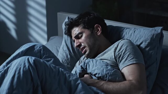 Man In Bed Experiencing Physical Pain During Nighttime, Tormented By Discomfort