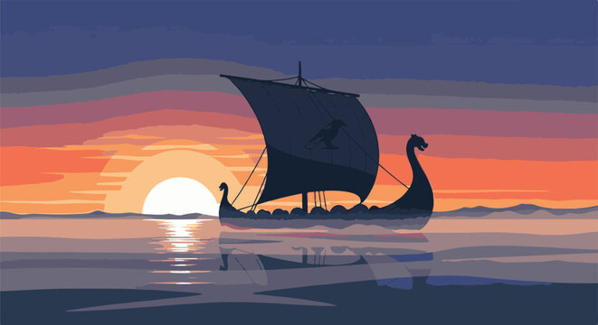 Pixel art Viking ship sails on a tranquil sea at sunset