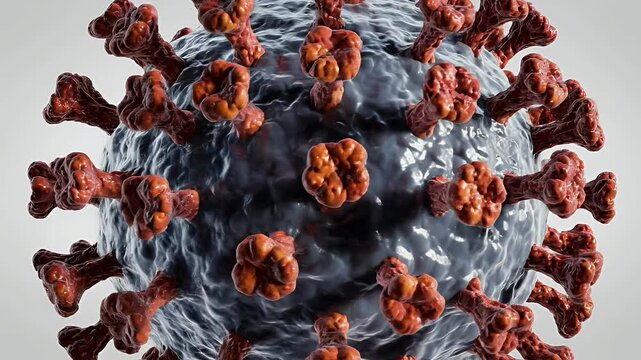 A detailed 3D rendering depicts a coronavirus particle against a neutral gray background, showcasing its complex structure and spike proteins.