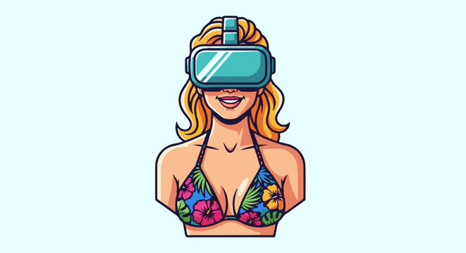 Pixelated blonde woman in floral bikini wears virtual reality headset