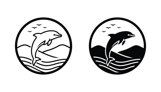 Dolphin jumping out of waves in a circular badge frame vector illustration for marine life conservation and travel agency branding