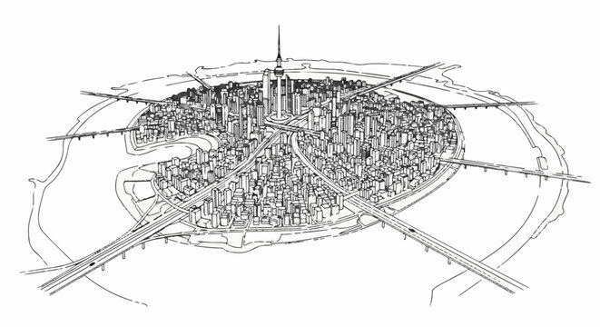 Overhead view of a densely populated city with a prominent tower and highway system