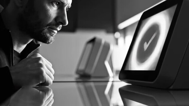Man Interacting With Digital Interface Shows Completion With The Check Mark Icon