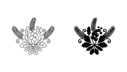 Decorative floral and berry branch outline and silhouette for festive and natural design elements © Anna