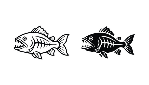 Piranha fish with sharp teeth line art and silhouette vector illustration