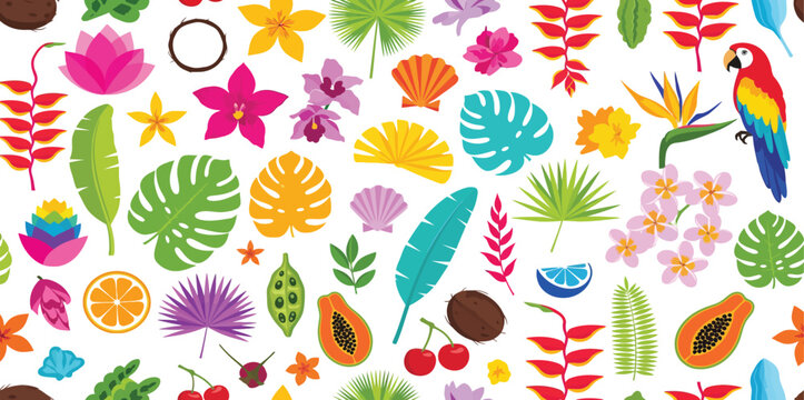 Vibrant tropical floral pattern with colorful leaves flowers and parrot on white background