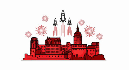 Obraz premium Red castle with rockets and fireworks launch into the sky