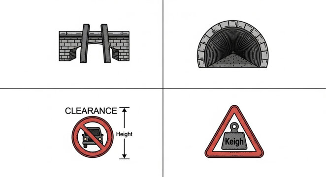 Collection of four engineering and traffic related illustrations.