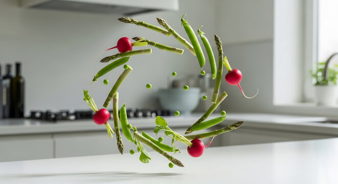 Surreal art of fresh spring vegetables floating in a bright kitchen
