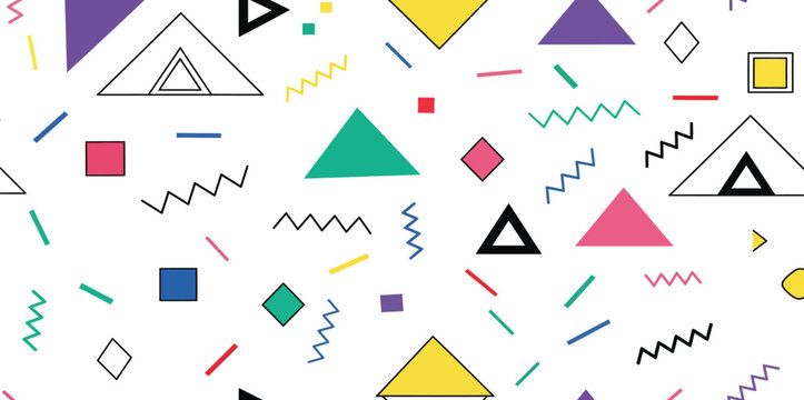 Seamless pattern with colorful geometric Christmas tree icons and triangle arrow shapes in a vector illustration set for festive wallpaper design