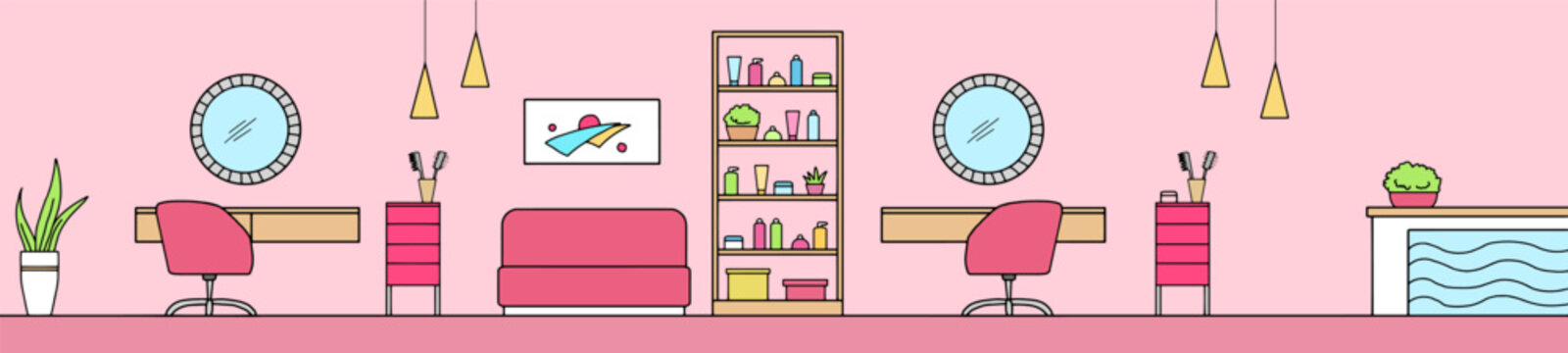 Hairdressing salon interior graphic color sketch long illustration vector 