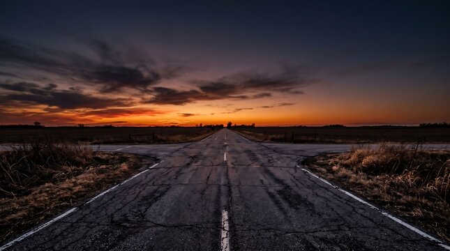 crossroads dusk background, lonely road cinematic stock, decision concept visual, rural road sunset backdrop, faceless youtube road scene, dramatic sky stock photo