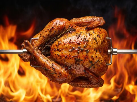 Roasted turkey rotating on spit above flames with seasoning and herbs