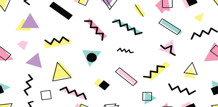 Colorful memphis style geometric shapes pattern with triangles and zigzags on white background
