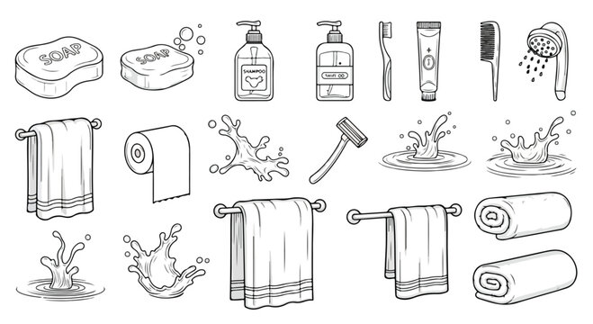 Set of 20 Bathroom Hygiene and Cleaning Product Icons Vector