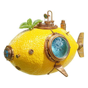 Lemon Submarine: A whimsical creation of a lemon transformed into a steampunk-inspired submarine. This artwork blends nature with technology.