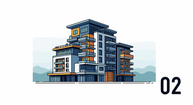 Modern multi-story apartment building with balconies and abstract mountain background