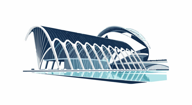Modern architectural marvel with curved rooflines and reflecting pool
