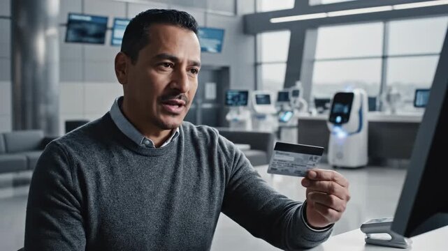 Man Uses Credit Card for Digital Payment in Modern Office Setting