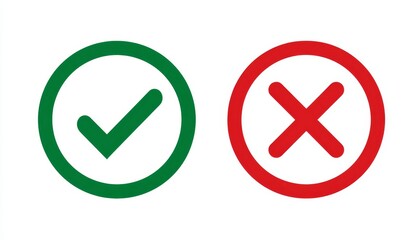 Fototapeta premium Green checkmark and red cross mark icons, symbolizing approval and rejection, correct and incorrect or yes and no concepts.