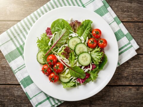 Fresh vegetable salad on white plate with colorful ingredients display