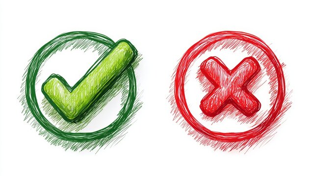 Green check mark and red cross icon set. Hand-drawn sketch style symbols for correct wrong yes no choice.