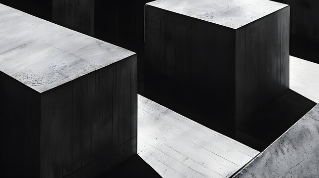 Geometric concrete forms with sharp shadows creating an abstract architectural background for design