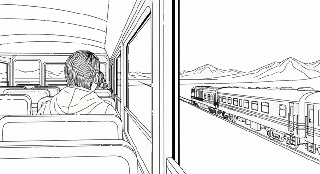 Person looking out a bus window at a passing train with mountains in the distance