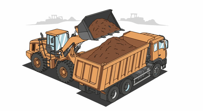 Orange front loader dumping dirt into a dump truck on a white background