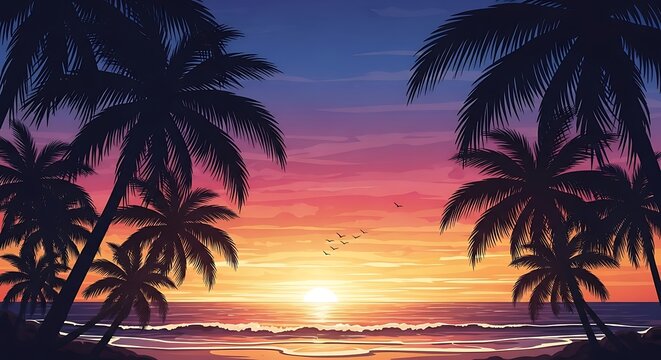 Colorful Sunset Beach Scene with Silhouetted Palms
