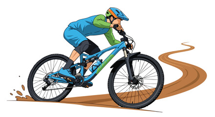 Fototapeta premium Mountain biker riding on a dirt trail with a blue bike and protective gear on a white background.