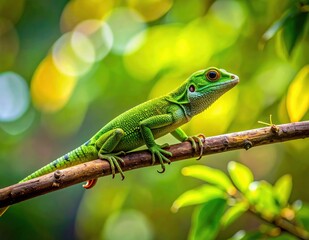 Fototapeta premium Vibrant green lizard perched on a branch, illuminated by sunlight