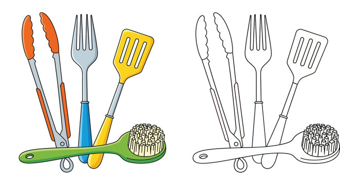 Vector set of kitchen utensils and BBQ tools including tongs fork spatula and cleaning brush with outline version for kids coloring book isolated on white background